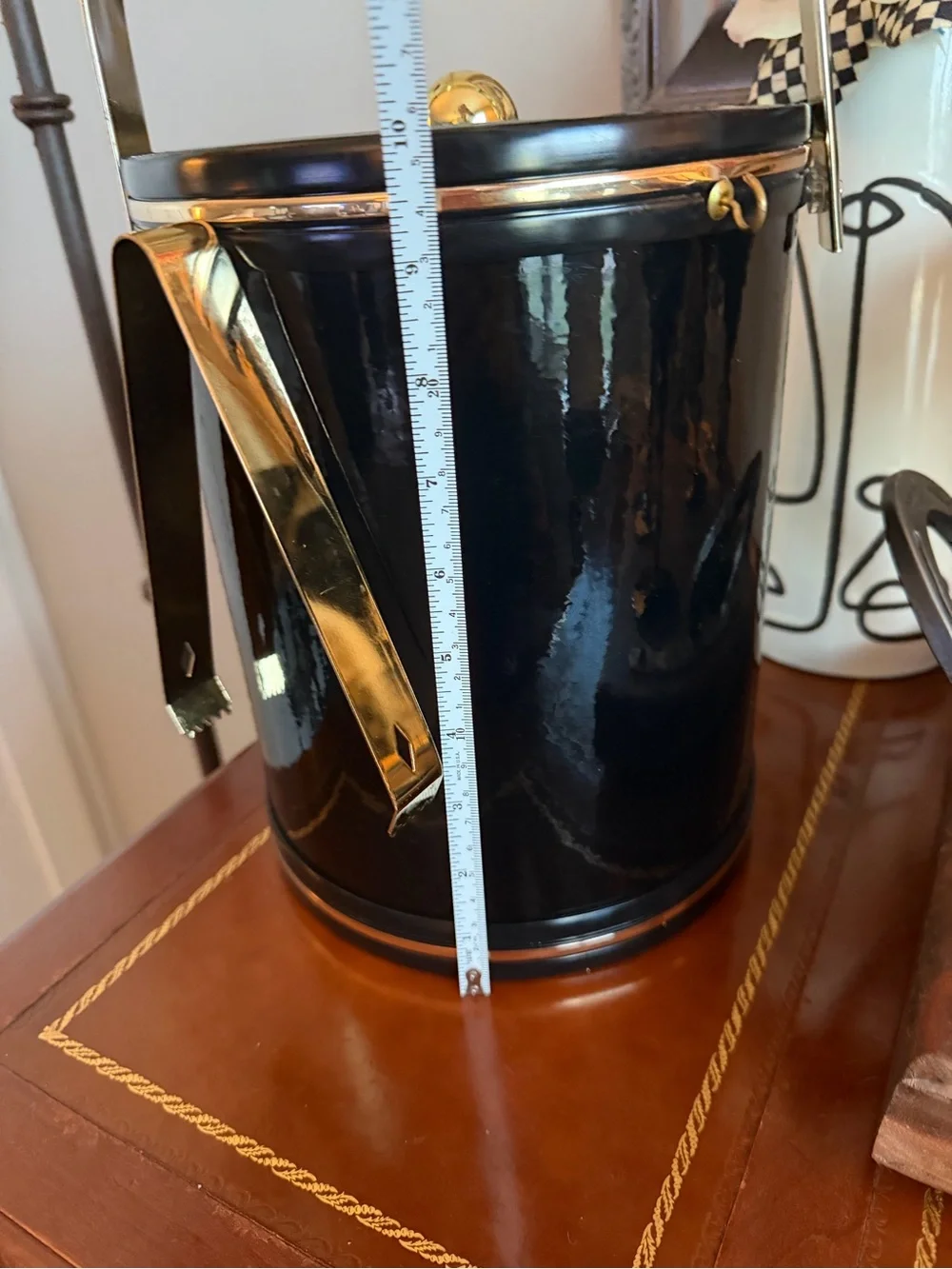 MCM Classic Black Patent Vinyl Ice Bucket with Gold Hardware